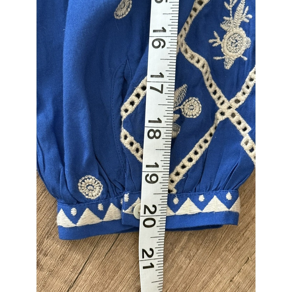 JOHNNY WAS Workshop Sm Blue Embroidered Top 100% Modal Button Up Scallop Sleeve - Picture 16 of 16